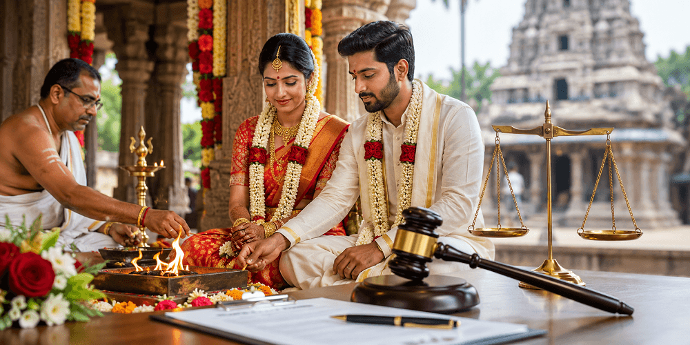 Indian couple performing a traditional temple wedding ceremony with legal registration documents and justice symbols, representing marriage registration and legal validity in Pune. 